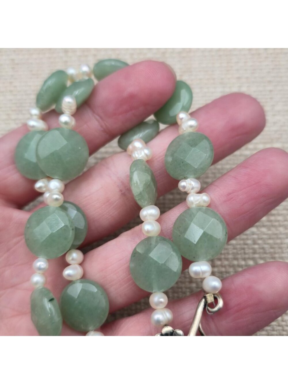 16 Inch Sterling Aventurine Faceted Coin Bead Necklace With Pearl Spacers B1344 - Picture 5 of 9